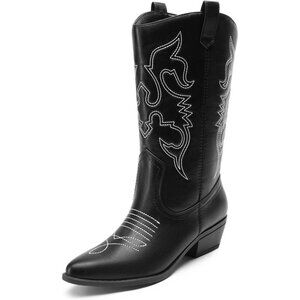 Women's Black Pointed Toe Pull On Wide Calf Pu Chunky Low Heel Cowgirl Boots